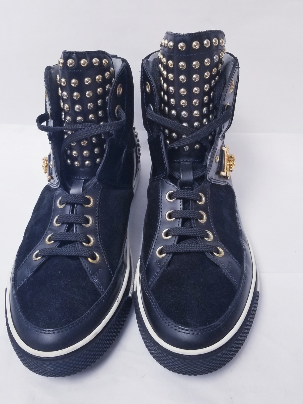 Versace Navy High-Top Sneakers with Gold Medallion and Studs